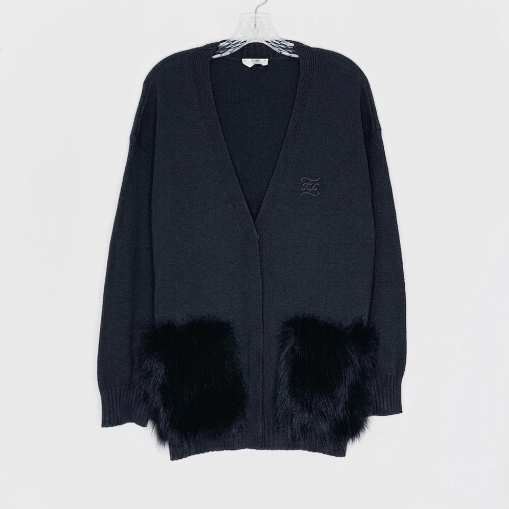 Fendi Fur Pocket Cardigan (Sz IT 42) V-Neck Wool Silk Cashmere Karligraphy Black